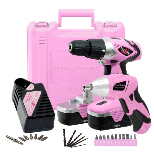 Pink Power Electric Screwdriver - Power Tools Combo Sets - Cordless Tools - 18V Cordless Drill with Bit Set & Charger, 3.6V Cordless Screwdriver with Tool Case